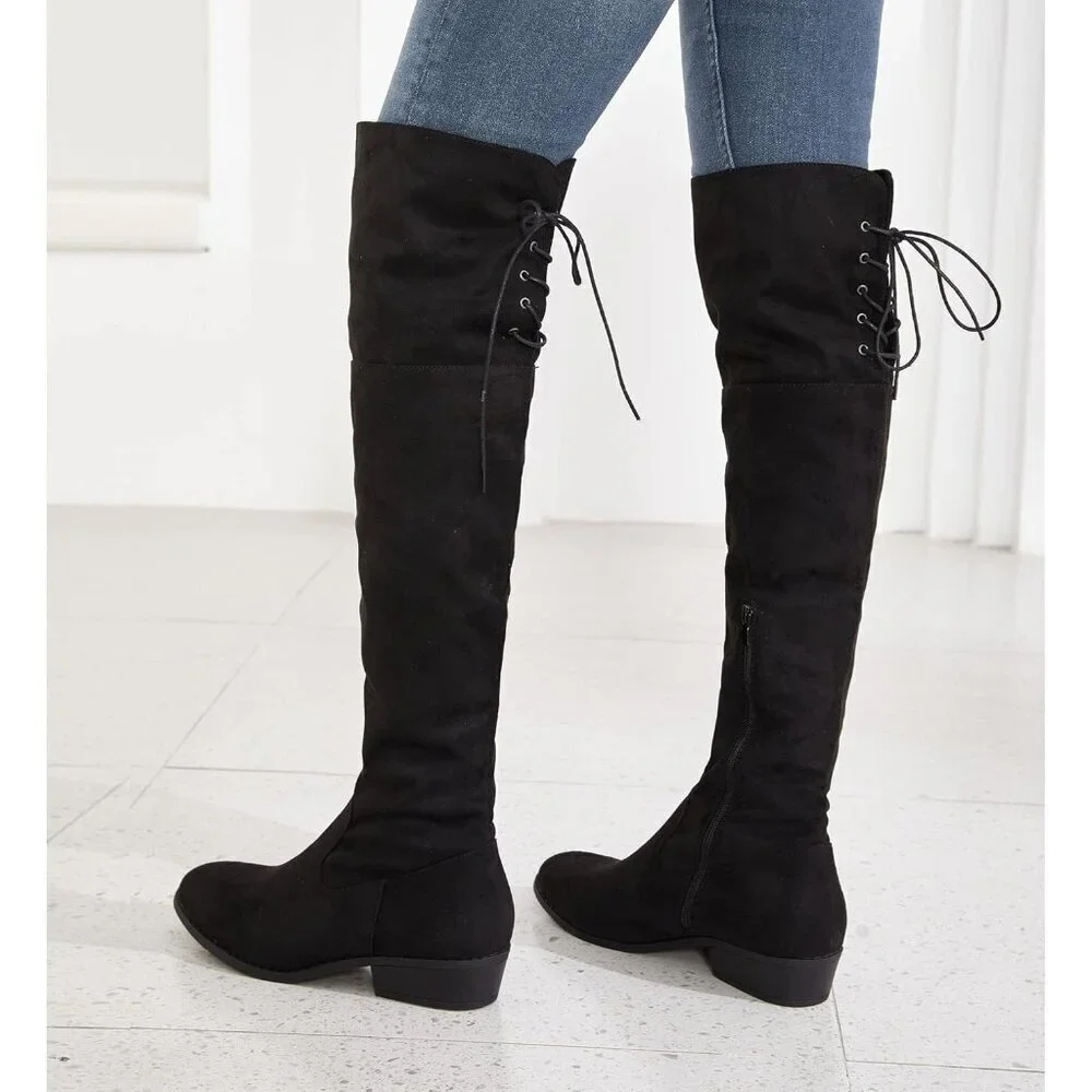 Women's Black Faux Suede Thigh High Over The Knee Black Low Flat Heel Boots